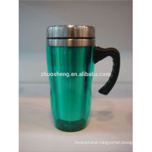 Colorful double wall plastic outer stainless steel inner travel mug auto mug with handle